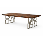 Modern dining table with glass top, solid wood base and stainless steel geometric legs