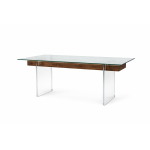 Custom modern console table with rectangular glass top, wood frame, and clear acrylic legs by Gusto Design Collection