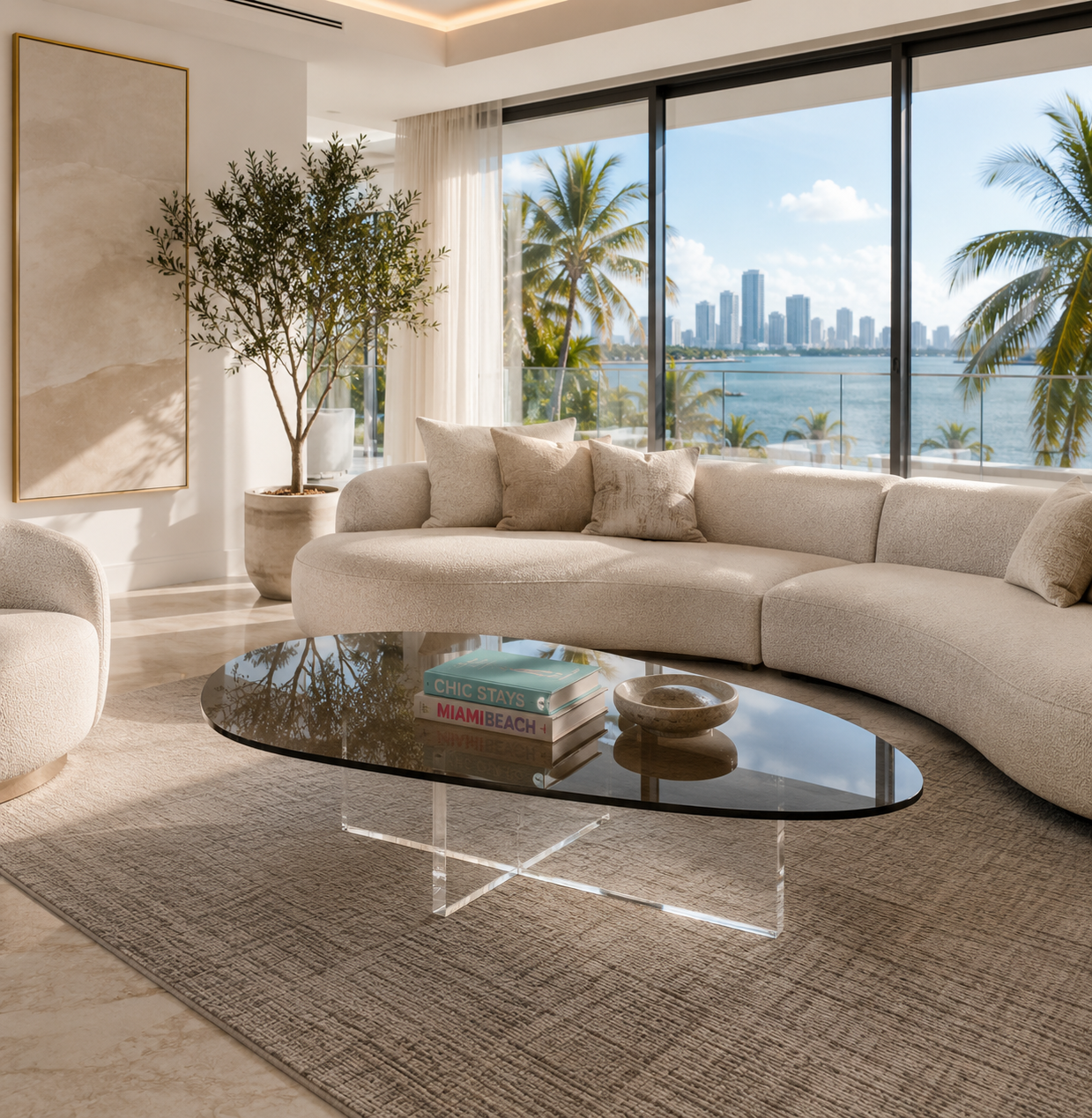 Mich Coffee Table featuring a smoked glass top with a transparent acrylic base in a luxurious modern Miami living room.